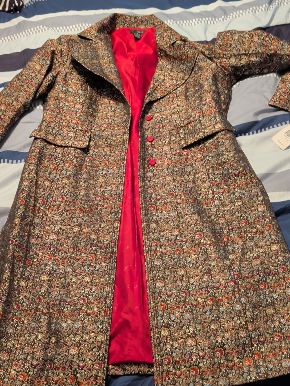 WD.NY Multicolor Brocade Trench Coat with Red Lining